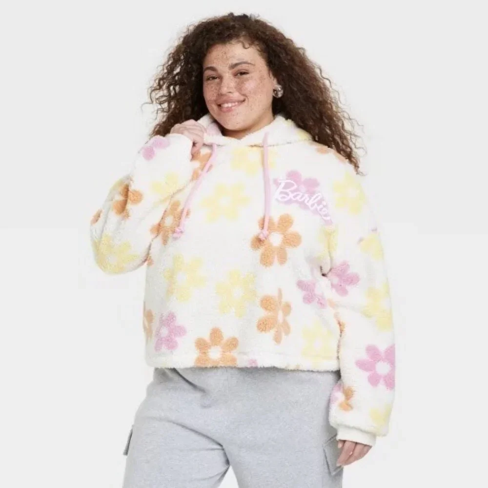 Barbie Flower Faux Sherpa Pullover Floral Hoodie Coat | Barbiecore Girlhoodcore - Picture 15 of 16